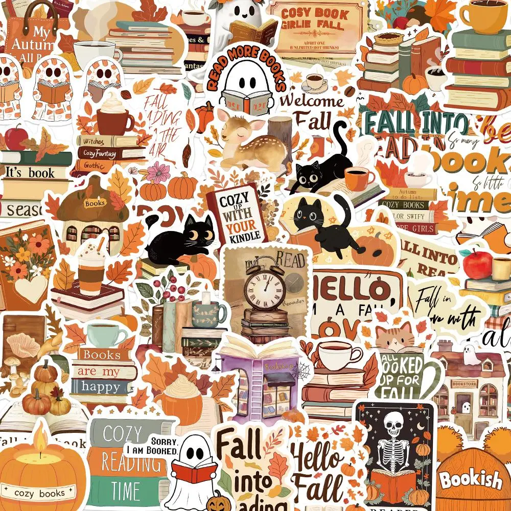Cartoon Autumn Book Pattern Sticker, 50pcs/set Waterproof Self Adhesive Decor Paper, Decor Sticker for Gift Greeting Card Water Bottle Laptop Phone, Ornaments, Waterproof Stickers