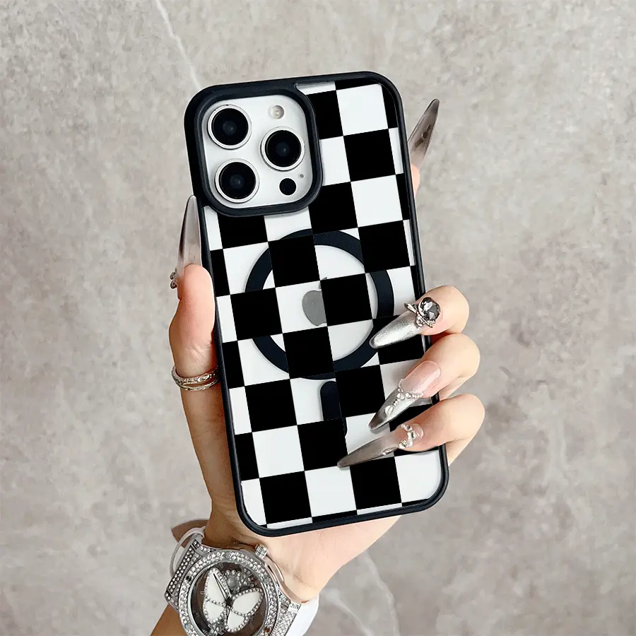 Checkerboard Magnetic Snap Crystal Smartphone Case for iPhone 17/16 Pro Max,15 Pro,14,13,12 Mini,11,XR,XS Plus,SE - Shockproof,Slim,Wireless-Friendly Protective Cover for Mobile Devices, Protection