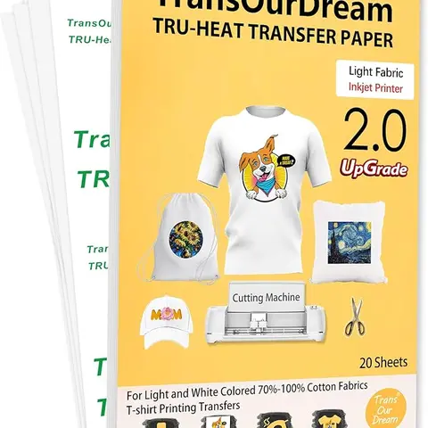 TransOurDream Upgraded Formula Iron-On Heat Transfer Paper for Light Fabrics - 20 Sheets (8.5x11), 4 Teflon Sheets, No Mirror Print & Cut, Beginner-Friendly, Inkjet Printer/Cutting Machine Compatible, DIY T-Shirt Printing Craft Supplies