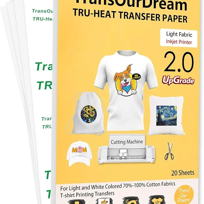TransOurDream Upgraded Formula Iron-On Heat Transfer Paper for Light Fabrics - 20 Sheets (8.5x11), 4 Teflon Sheets, No Mirror Print & Cut, Beginner-Friendly, Inkjet Printer/Cutting Machine Compatible, DIY T-Shirt Printing Craft Supplies