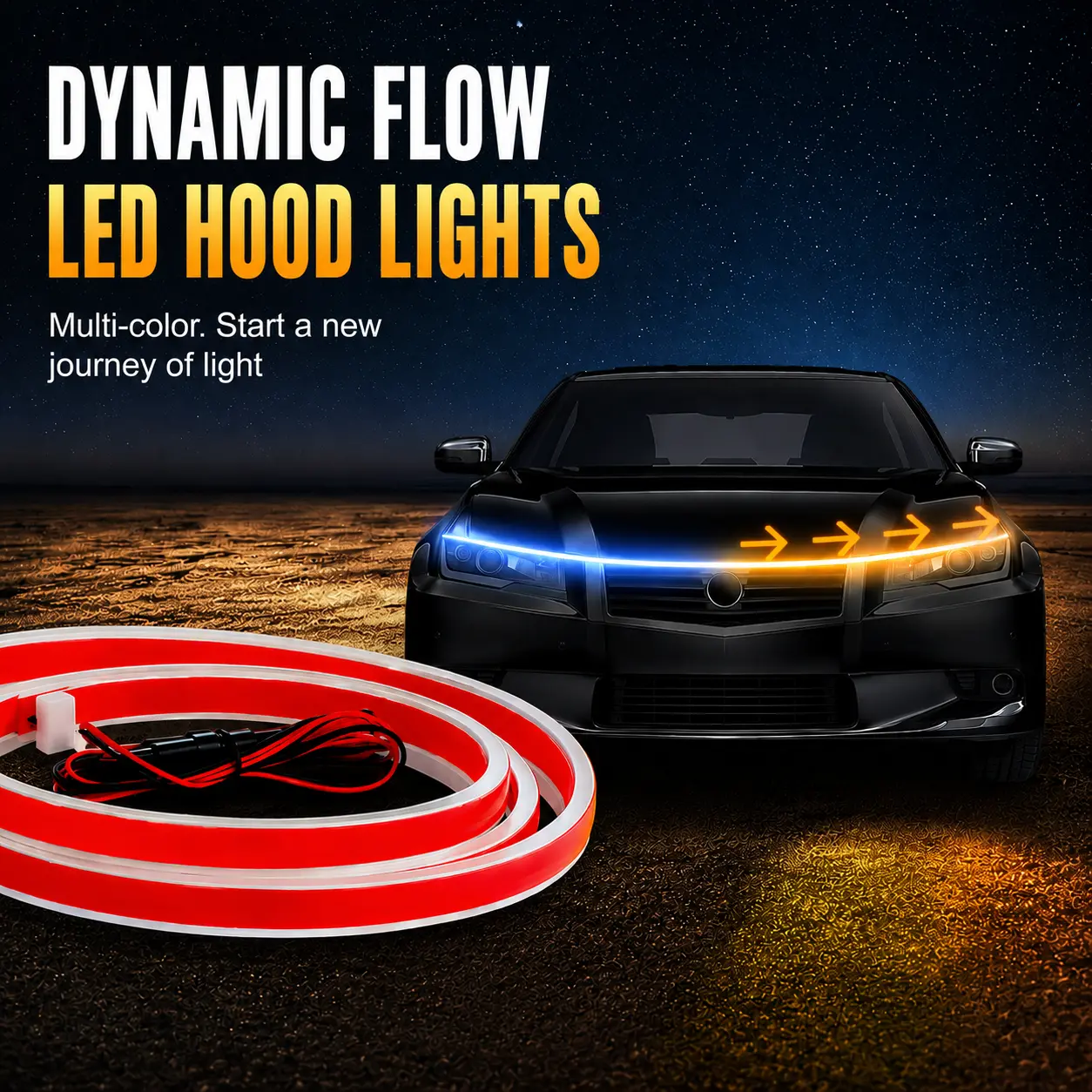 Waterproof Self-Adhesive Flexible Car Hood Decor Lamp, Dynamic Sequential Flashing Scan LED Hood Light Bar, Startup Animated Flow LED Strip, Multi-Color Car Hood Accent Light, Universal Exterior Mod Accessory for Most Cars, Trucks, SUVs & Pickups