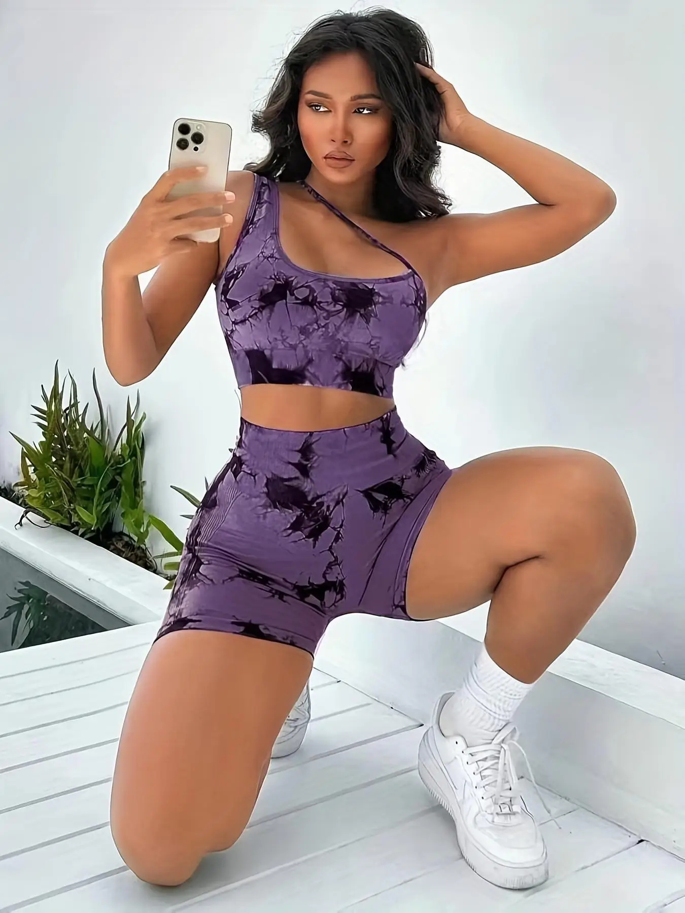 Two-Piece Set Women's Tie Dye Ruched Crop Tank Top & High Waist Shorts Set, One Shoulder Sleeveless Top & Skinny Shorts, Sporty Women Tracksuits For I