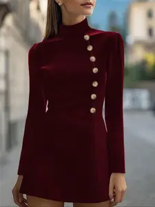 Elegant Women's Solid Color Mock Neck Long-Sleeve Mini Dress, Decorative Button Detailing, Tight-Fitting Hip Skirt, Perfect for Any Occasion