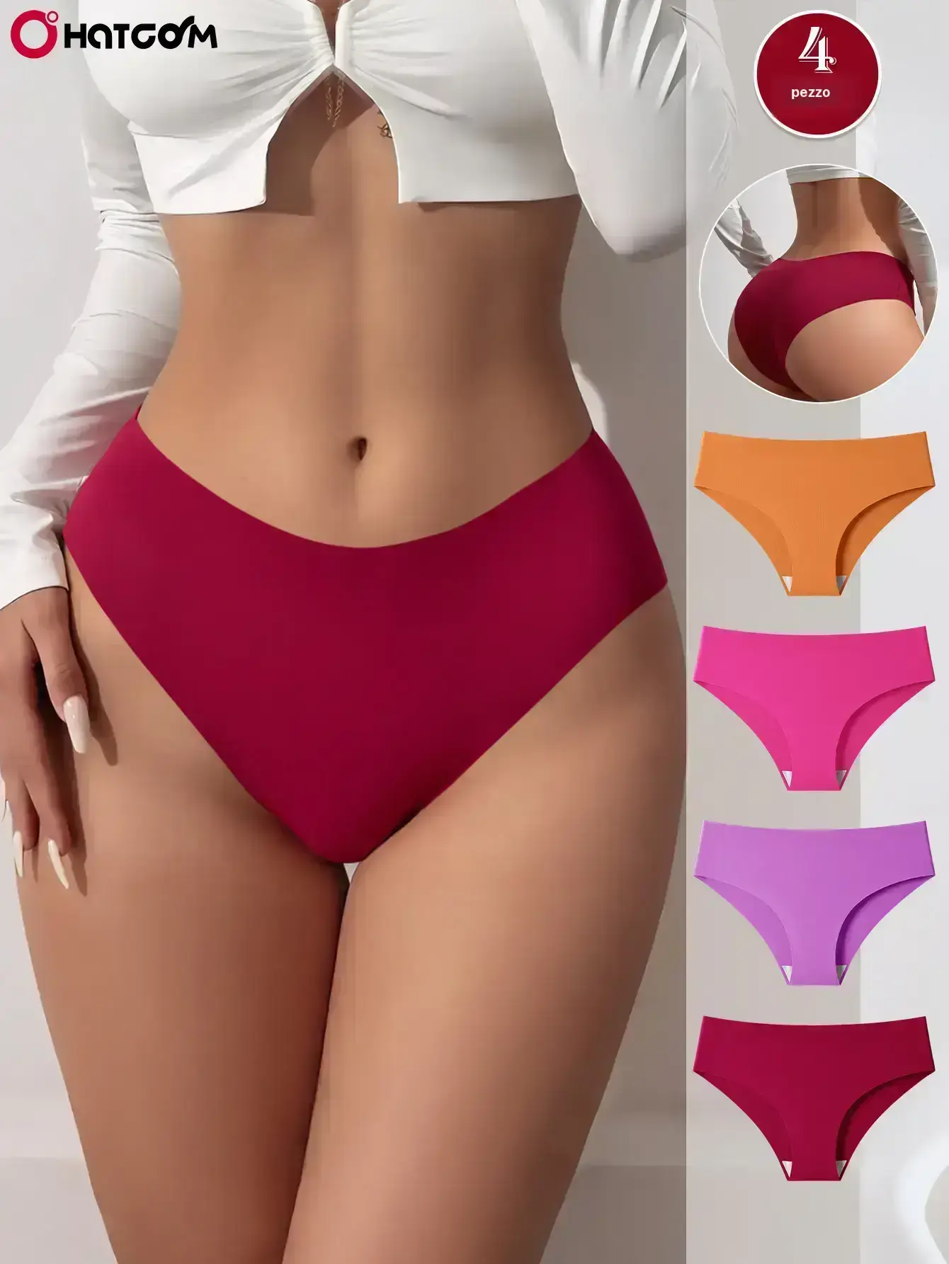 Hotcom Women's Seamless Slim-Fit Low-Rise Solid Triangle Pants (4-Pack) - Breathable Cooling Silk, Soft, Quick-Drying, Minimalist Cheeky Basics, S to Plus Sizes, Everyday All-Season Wear, Machine Washable