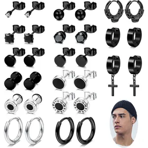 FINREZIO 15 Pairs Black Cool Stainless Steel Stud Hoop Earrings for Women Men Unique Small Plain Stud Hoop Earrings Body Piercing Jewelry Set Huggie Dangle Hinged Cross Earrings