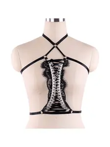 Black Feather Harness Lace-up Bra, Sexy Slim Fit Lingerie for Women, Fashion Hollow-out Design, Comfortable Stretch, Perfect for Night Party, Club Wear & Daily Elegant Underwear