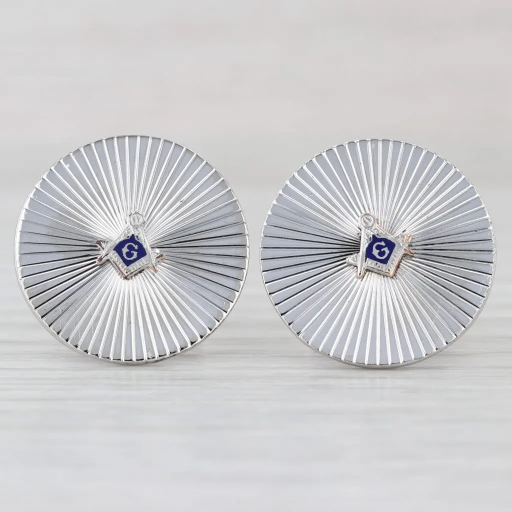 Vintage Masonic Cufflinks, Sterling Silver Male Jewelry with Blue Enamel Square Compass Design, Folding Backs, Graded by GIA