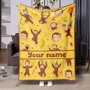 Customizable Curious George Monkey Print Cooling Blanket for Couch Bed, Lightweight Plush All Season Nap Blanket, Portable Travel Camping Car Office Throw Blanket, Durable Wrinkle Resistant Printed Blanket, Ideal Personalized Toddler & Birthday Gift