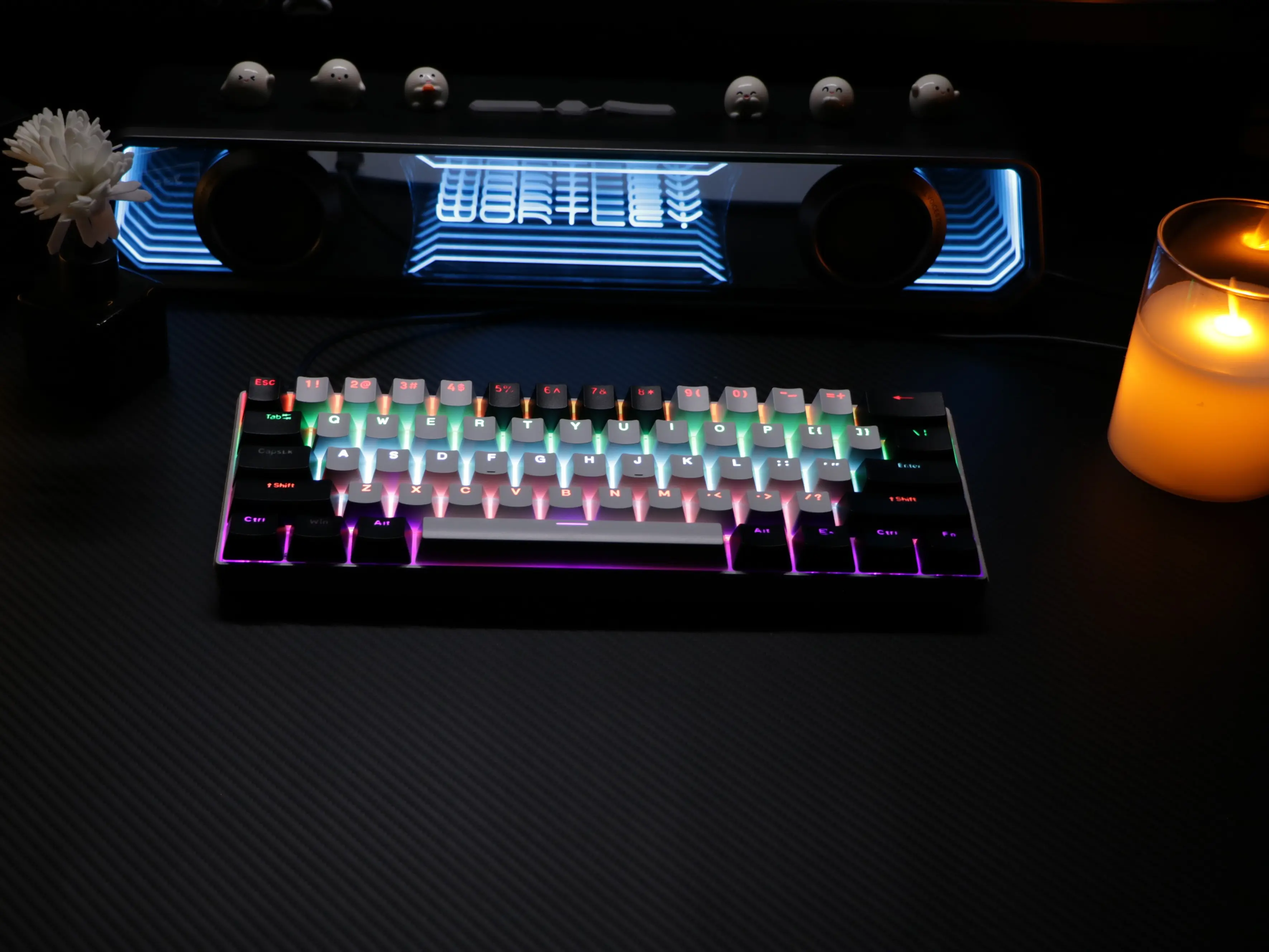61-key hot-swappable true mechanical keyboard featuring a black-and-white design with Red switches, a compact 60% layout, vibrant RGB backlighting, and a detachable Type-C cable; suitable for PC/Mac gaming and office use.
