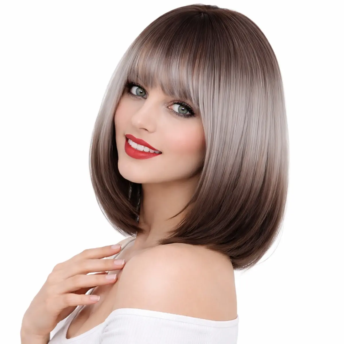 Synthetic Short Bob Wig Glueless Straight Gray-Brown Ombre Hair Beginner Friendly For Women Daily Wear Party Date Night