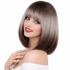 Synthetic Short Bob Wig Glueless Straight Gray-Brown Ombre Hair Beginner Friendly For Women Daily Wear Party Date Night