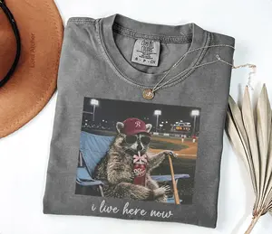 Comfort Colors Funny Raccoon I live Here Now Shirt, Ballfield Dark Shirt, Baseball field, Raccoon Drinking Dr. Pepper Tee, Baseball Mama Tee - LORA ATCHER