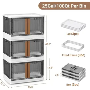 300QT Plastic Storage Bins With Lids, 75Gal Stackable Boxes With Wheels and Doors, Folding Closet Organizers, Cabinet for Closet Home Dorm, 3 Pack Brown