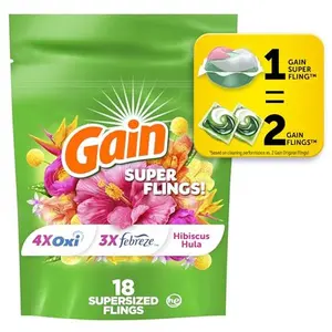 Gain Super Flings Laundry Detergent Pacs, 18 Count, Hibiscus Hula scent, irresistibly clean and fresh washing detergent laundry soap pacs
