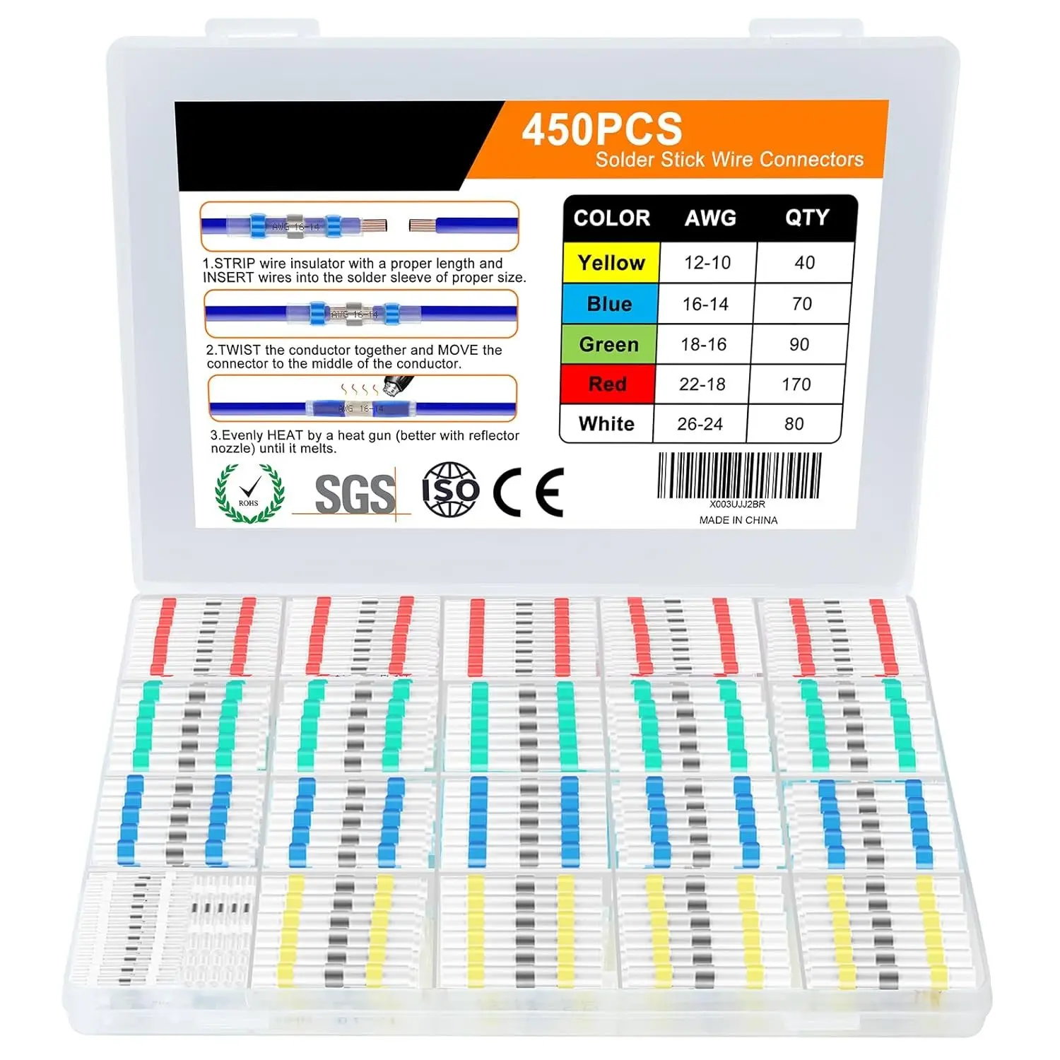 450 count Solder Stick Seal Wire Connectors, Marine Grade Heat Shrink Wire Connectors,  & Insulated Electrical Solderstick  Terminals for Boat Automotive Trailer RV