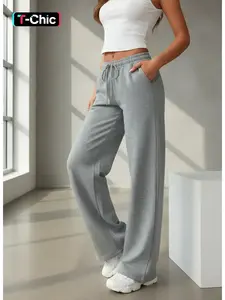 Women's Solid Elastic Waist Drawstring Lace-up Wide Leg Sweatpants, Casual Loose-Fitting Plain High Waist Straight Trousers, Casual Minimalist Trousers, All Seasons Daily Basic Jogger Sports Outdoor Sweatshirt Bottoms Comfortable, Casual Sporty Trousers