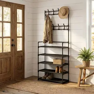 5-Layer 2026  Multifunctional Coat & Shoe Rack Sturdy Metal Frame Free Standing Detachable Hooks Non-Woven Fabric 60cm Black and White Space-Saving Design for Home & Entryway Storage