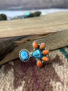 Handmade Sterling Silver Orange Mojave with Golden Hills Turquoise Adjustable Ring "Signed Nizhoni"