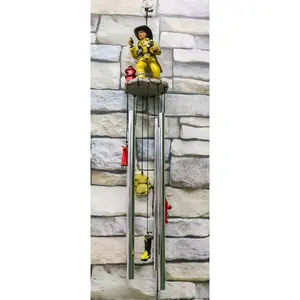 Ebros Gift Yellow Gear Outfit Fireman in Line of Duty with Axe and Red Hydrant Resonant Relaxing Wind Chime Patio Garden Accent of Fire Fighters Hydrants 911 Emergency Civil Service