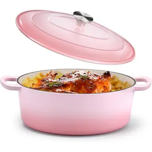 7 Qt Enameled Non-Stick Oval Cast Iron Dutch Oven with Lid - Dual Handles, Moisture Lock, Easy-to-Clean Cookware Bakeware for Baking, Braising, Pink Valentine's Day Use