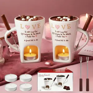 2 PCS Chocolate Fondue Mug with 2 Fork and 4 Candle, Ceramic Chocolate Melting Cup Ideal Couple Gifts Date Night Wedding Gifts