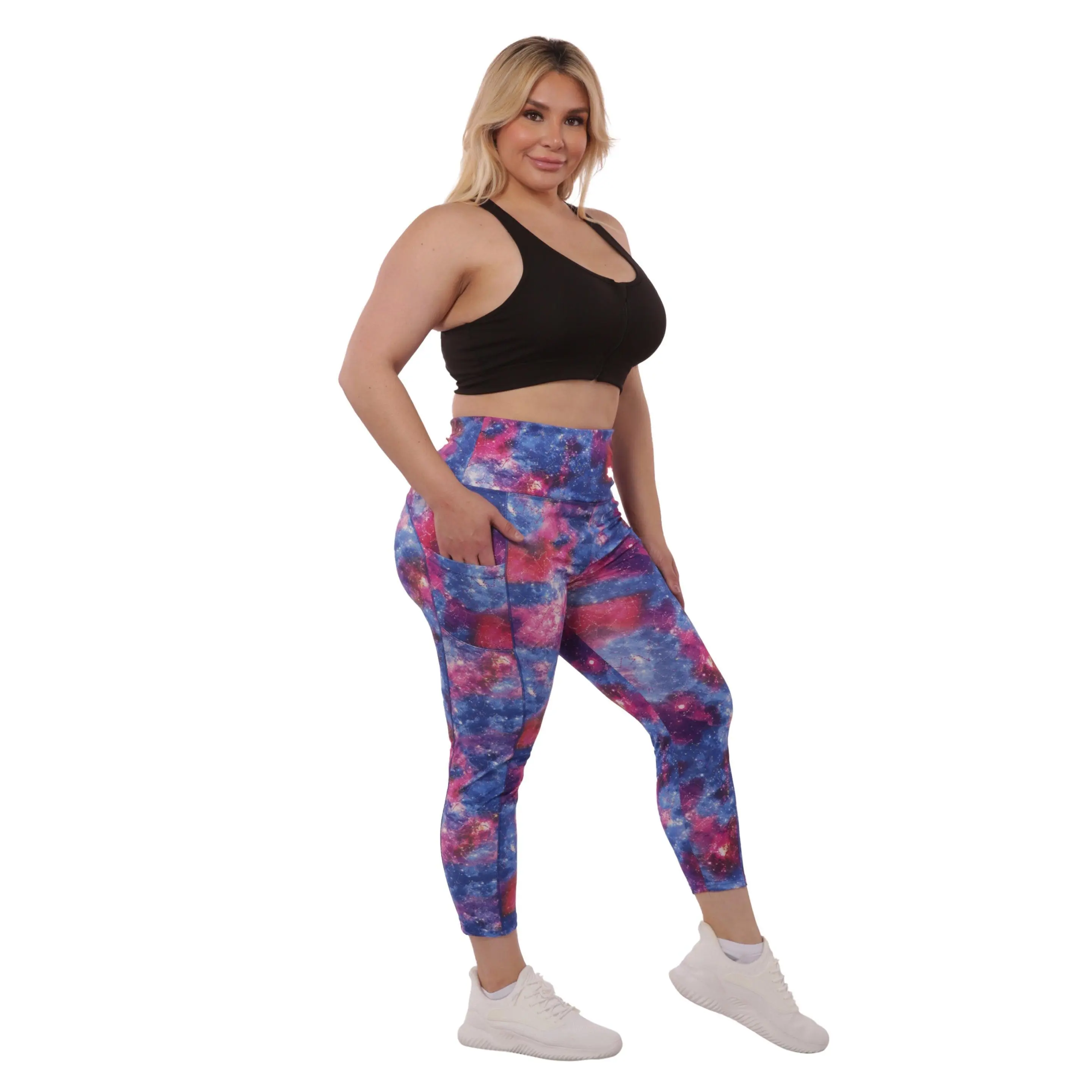 Plus Size High Waist Tummy Control Sports Leggings With Side Pockets - Blue & Pink Galaxy