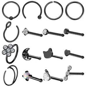 OIDEA Nose Ring Hoop Cartilage Stud Set 20G 316L Surgical Steel Body Piercing Jewelry 16PCS Black Unisex