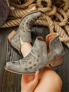Bohemian Western Cowboy Ankle Boots, Geometric Embroidered Pointed Block Heel Boots, Cowboy Booties