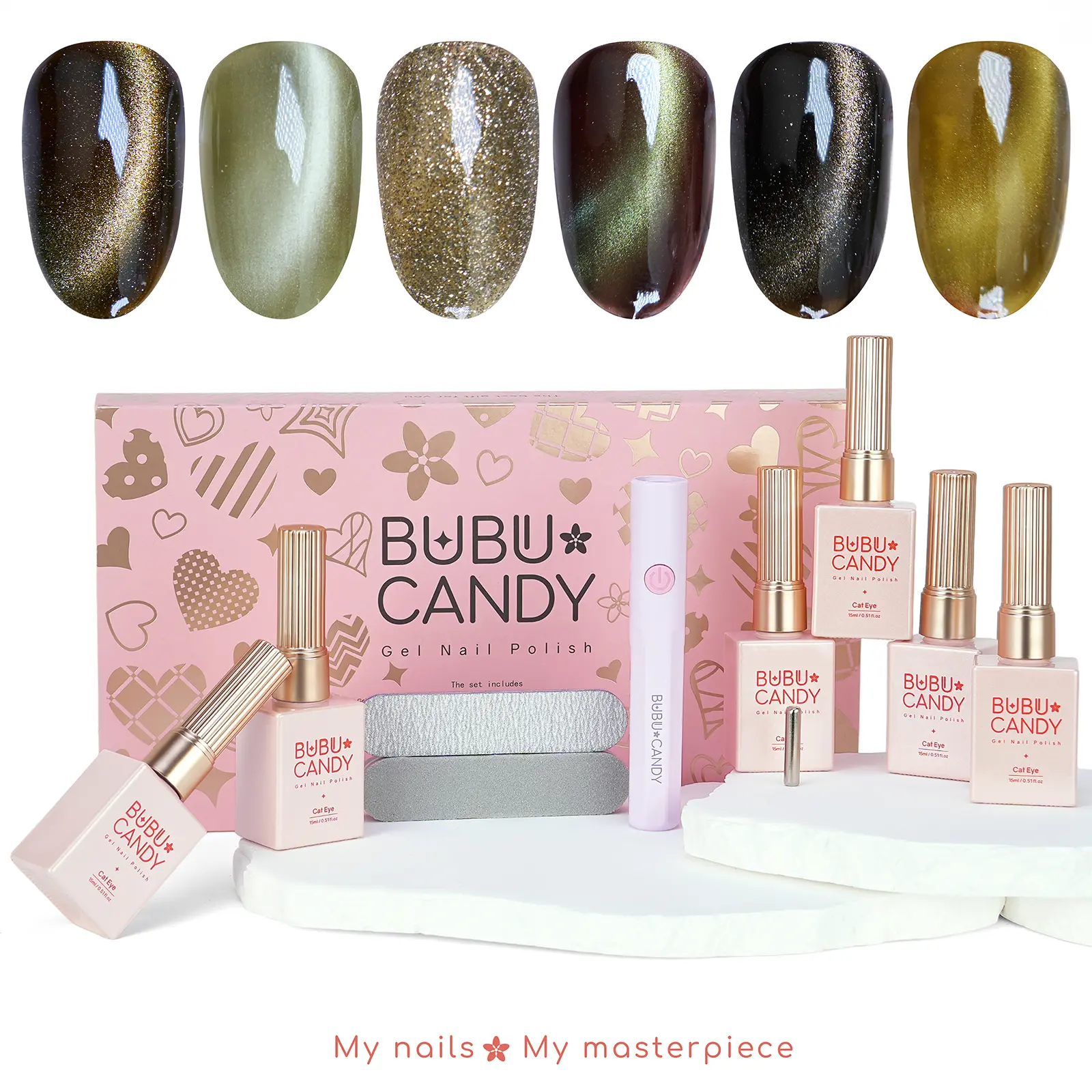BUBU CANDY M's Pick: Fireflies Forest Cat Eye Gel Polish Set, 6PCS 15ML Earthy Green Gold Shimmer Magnetic Gel Kit with LED Lamp & Nail Files for DIY Manicure tiktokshopbacktoschool