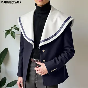 INCERUN Men's 2025 Autumn Basic Longsleeve Shirt - Navy Collar, Quality Fabric, Ideal for Casual Outings, Social Events, Longsleeves