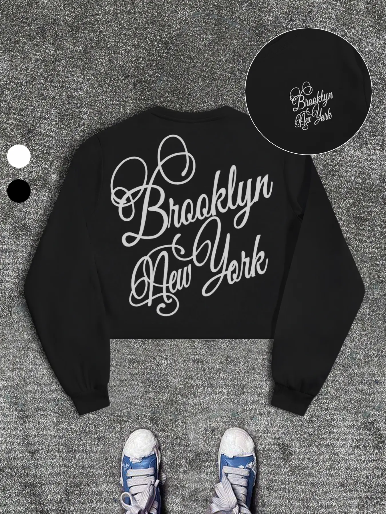 Black Brooklyn Graphic Crop Top, Men's Aesthetic Script Print Sweater, Short Length Crewneck for Layering, Grunge City Streetwear