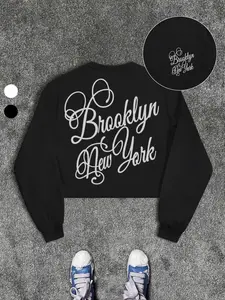 American City Theme Brooklyn New York Floral Print Short Sweatshirt, Soft Round Neck, Casual Fit, Spring & Fall Fashion
