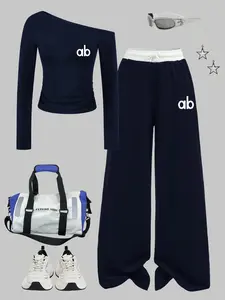 Women's Letter Print Fitted Long Sleeve Top Set, Casual Spring Summer Fall, Matching Color Pants, Ideal for Daily Wear