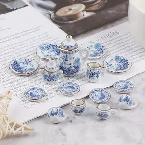 1:12 scale Miniature Tea Cup Set with kitchen accessories decoration,Miniature floral pattern gold-rimmed teapot cups  (Blue porcelain)