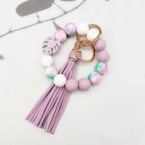 New leaf silicone printed beaded tassel keychain for bags and car keys, a gift for mother, wife, or girlfriend