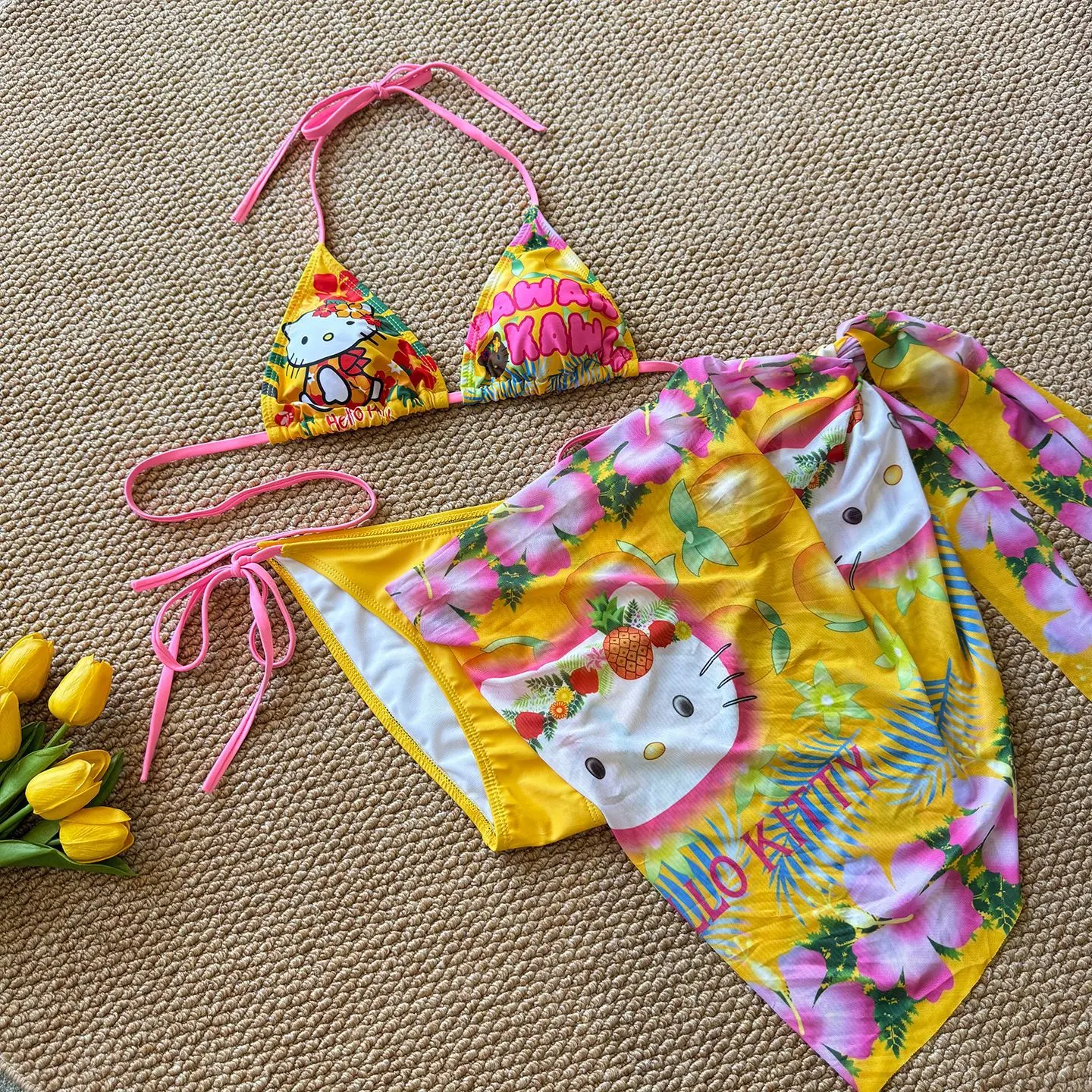 Sanrio Hello Kitty Three‑Piece Bikini Set, Stretch Swimwear Bathing Suit with Cover‑Up for Beach Pool Summer Vacation Gift for Women Girls