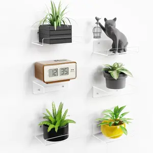6-piece set 6inchx4inch Acrylic Small Shelf, Wall-mounted Floating Shelf, Plant, Speaker, Radio, Toy Display Storage Rack, Transparent