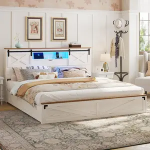 SIKAIC Farmhouse Bed Frame with Storage Bookcase Headboard LED Lights 2 Drawers and Charging Station White