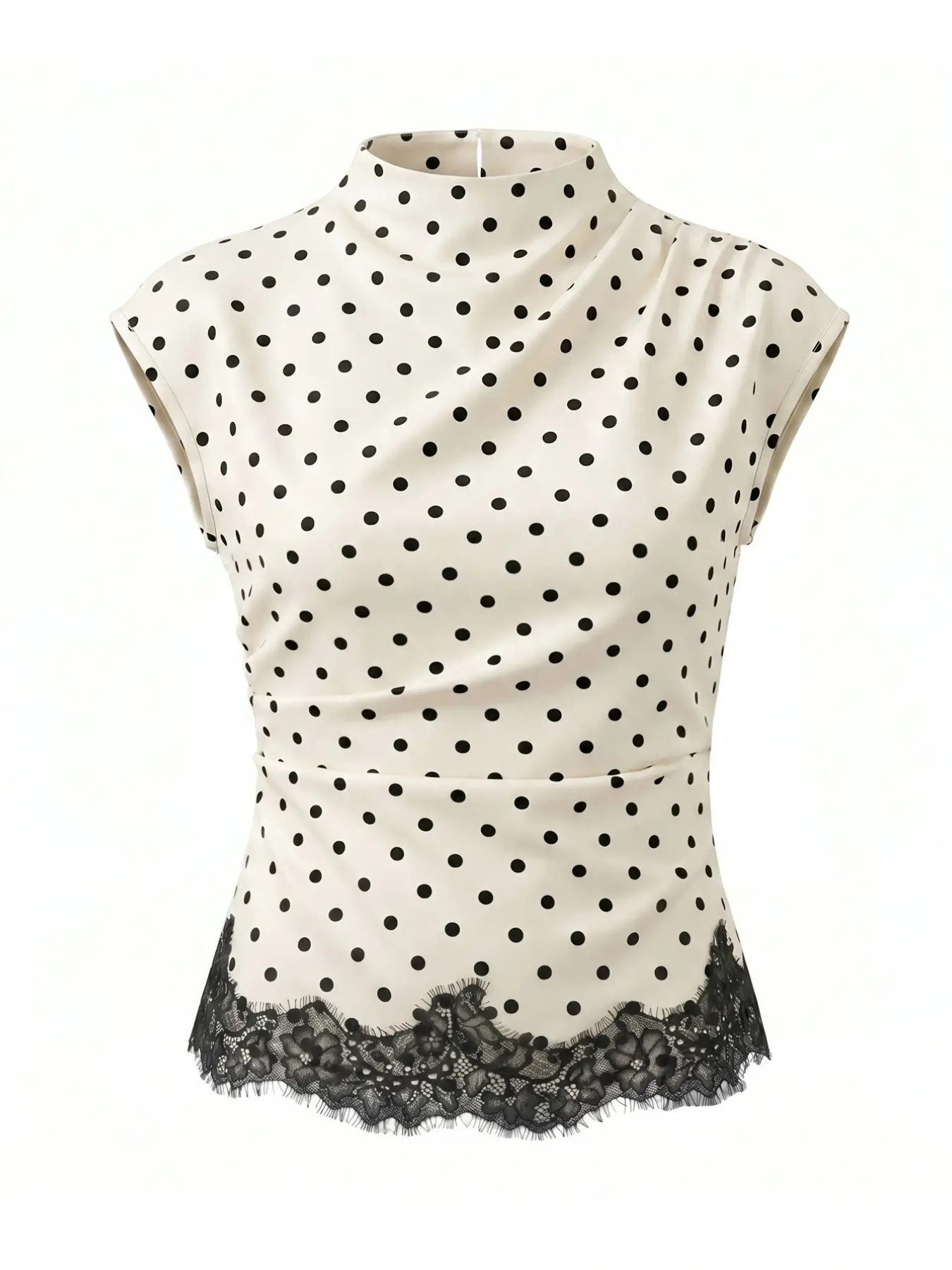 Ladies' polka dot semi high neck sleeveless shirt, Casual, French polka dot lace patchwork vest, can be worn as an inner layer, printed lace patchwork hem polka dot top, suitable for daily wear and dates in spring, summer, and autumn