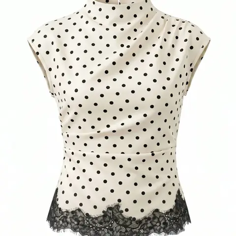 Ladies' polka dot semi high neck sleeveless shirt, Casual, French polka dot lace patchwork vest, can be worn as an inner layer, printed lace patchwork hem polka dot top, suitable for daily wear and dates in spring, summer, and autumn, Women
