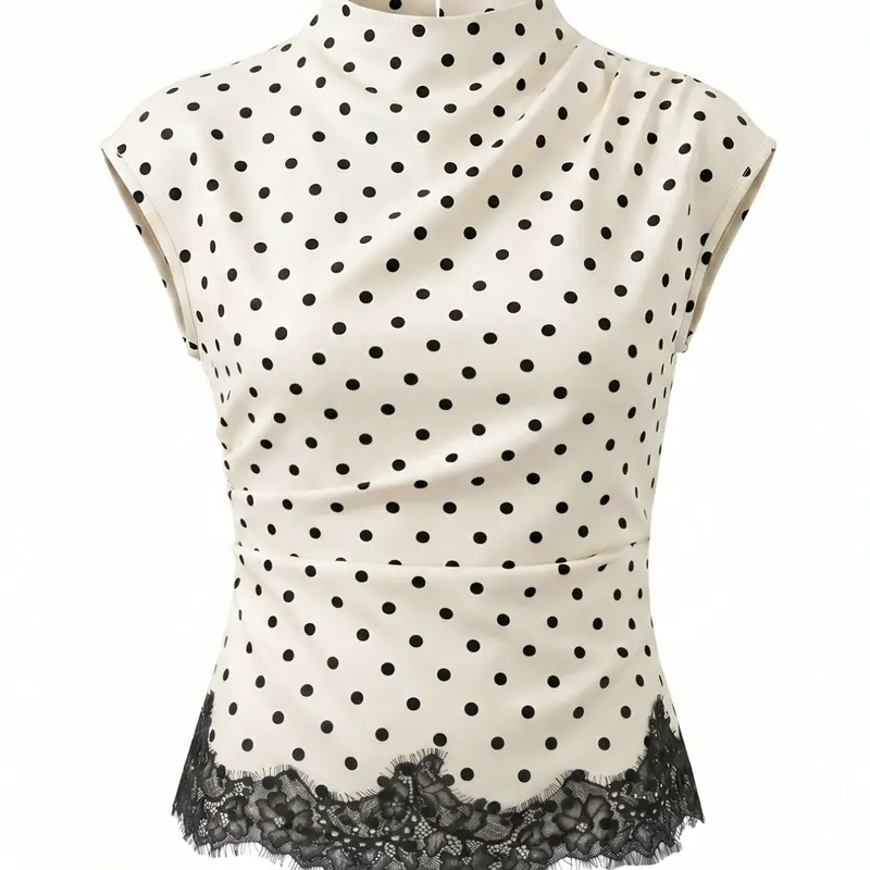 Ladies' polka dot semi high neck sleeveless shirt, Casual, French polka dot lace patchwork vest, can be worn as an inner layer, printed lace patchwork hem polka dot top, suitable for daily wear and dates in spring, summer, and autumn, Women