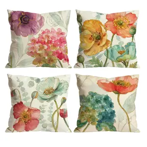 Watercolor Poppy Throw Pillow Covers Set of 4 | Gold Accent Floral Cushion Cases with Hydrangea & Eucalyptus for Farmhouse Living Room Decor 0513YJ