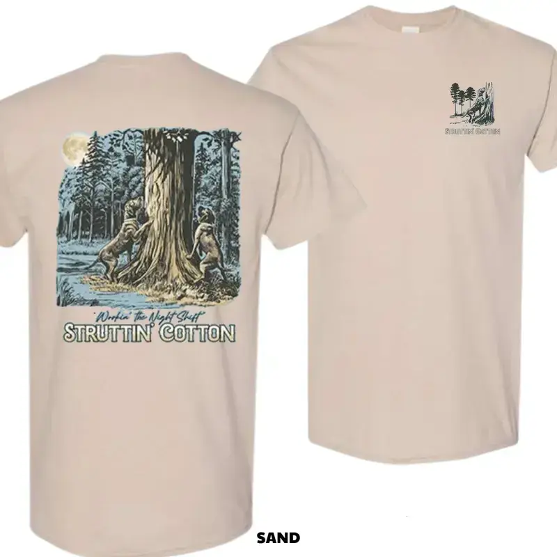 Men's Coon Hunting Short Sleeve Round Neck T-Shirt - 'Workin’ the Night Shift' Hound Dog Graphic, Classic Casual Soft Cotton Top, Southern Outdoor Style, Perfect Gift for Hunters - KitchenEra Menswear Polyester