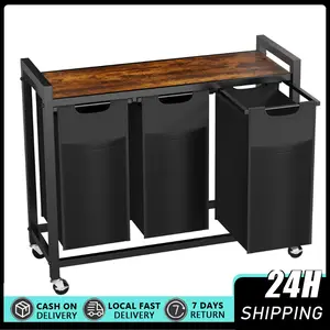 Laundry Hamper with 3 Pull-Out Removable Sorter Bags, Movable Wheels, Freestanding Clothes Basket Organizer in Bathroom, 3 × 10.6 Gal (120L) Capacity, Rustic Brown and Black Laundry Hamper with 3 Pull-Out Removable Laundry Bags Clothing Sorter