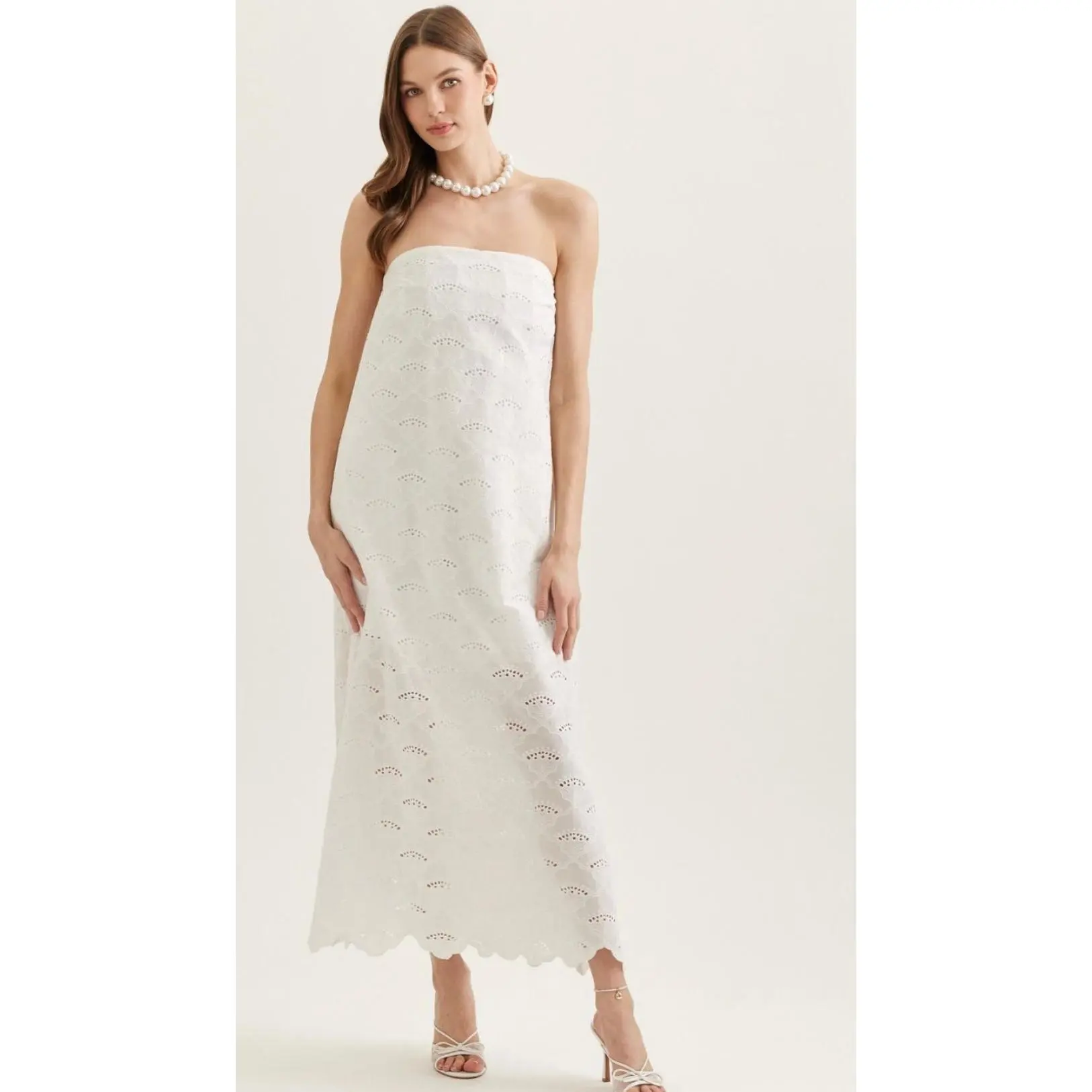 ENTRO White Strapless Eyelet Midi Dress