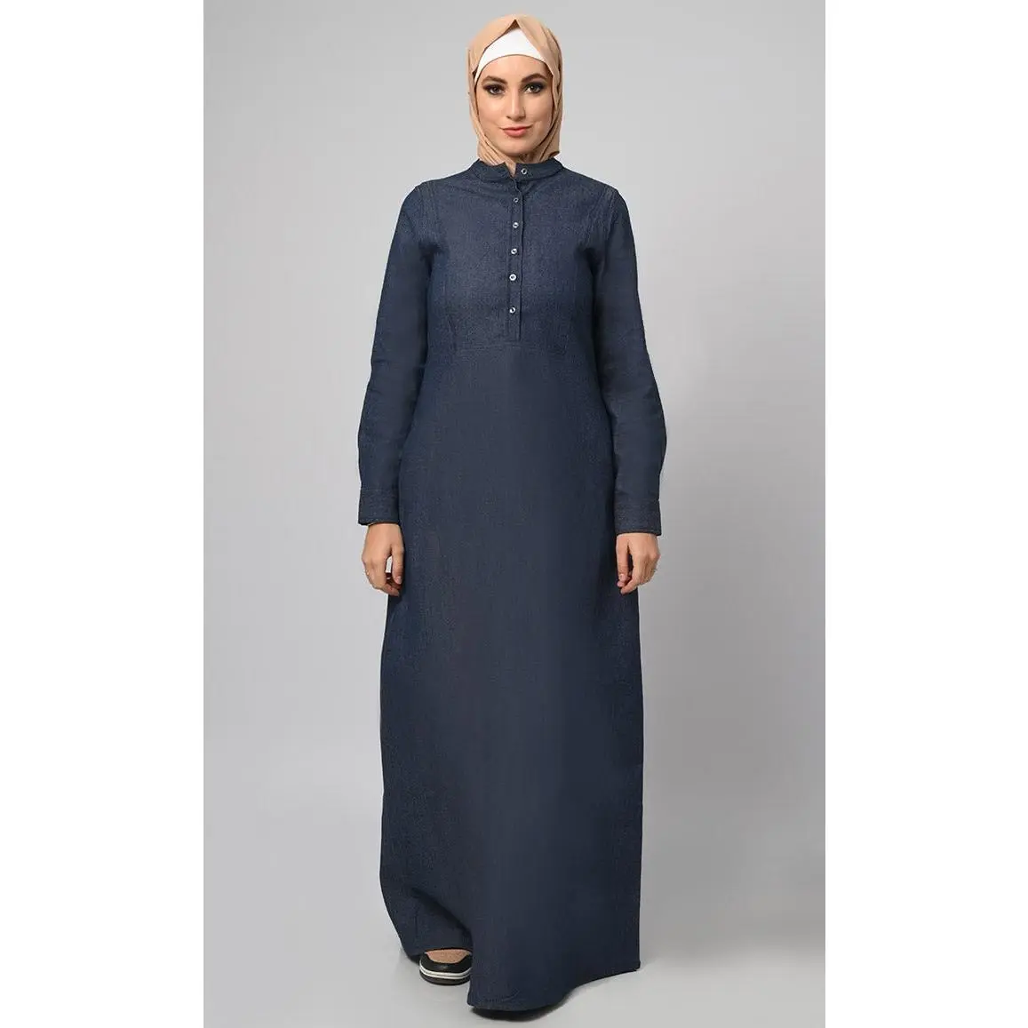 Women's Front Button Detailing Denim Abaya With Pockets