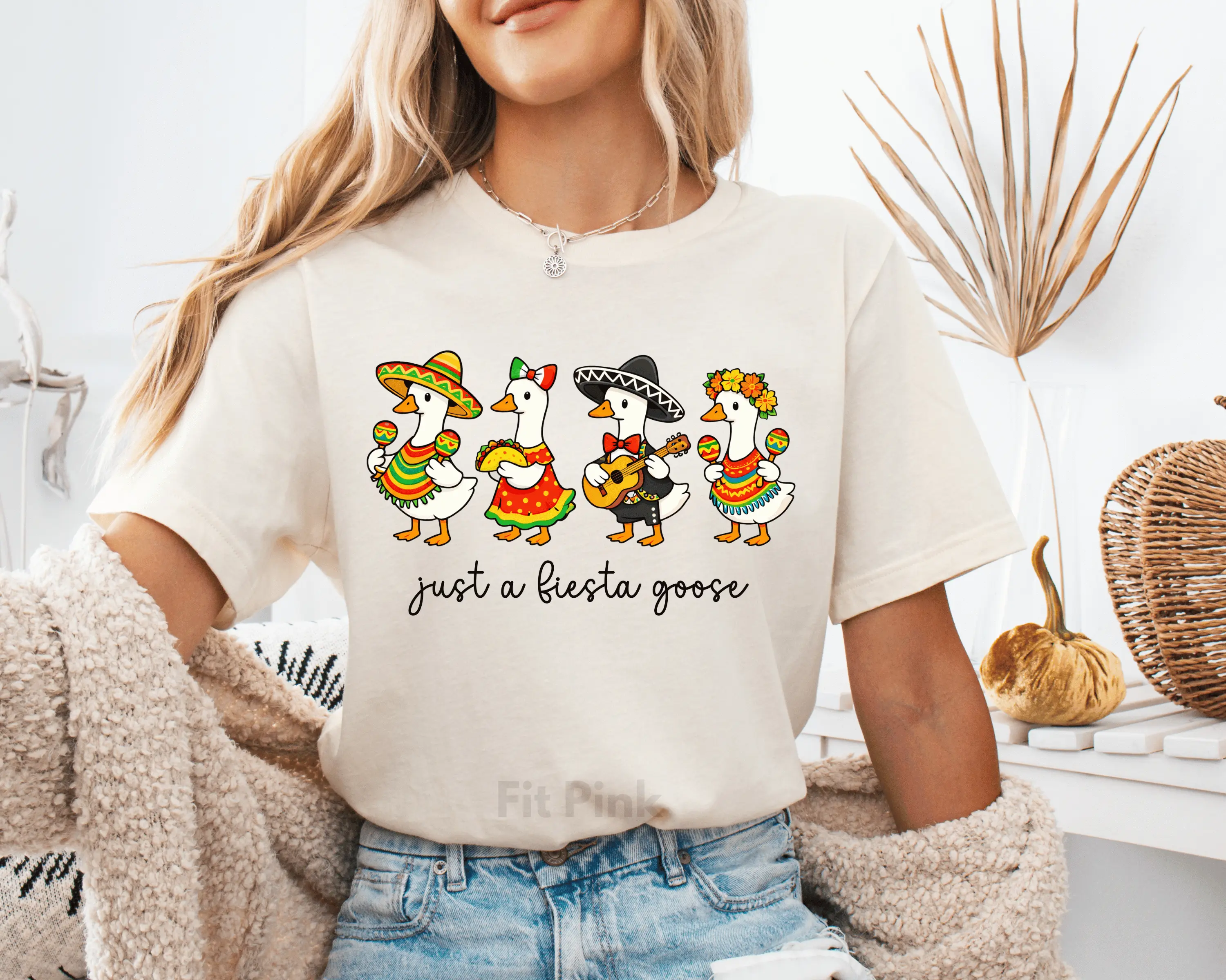 Just a Fiesta Goose Shirt - Festive Cinco De Mayo Fiesta Unisex Oversized Casual Unisex T-Shirt for Women - 100% Cotton Jersey -