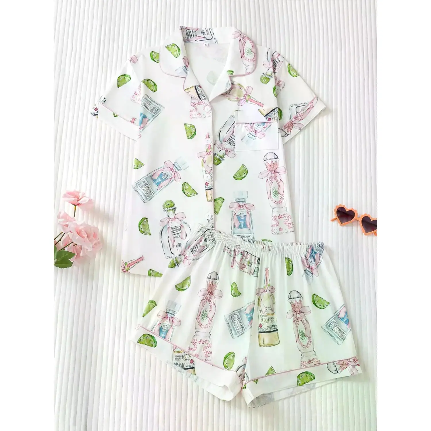 Elegant Women's 2-Piece Pajama Set, Lemon Bottle Print, Short Sleeve Button-Up Top with Loose Comfortable Shorts