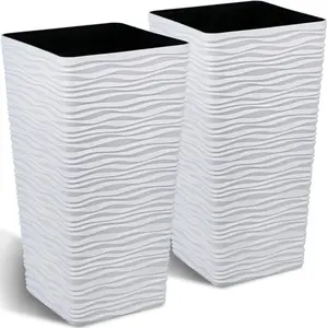 Garden 22" Tall Planters Set of 2 - Plastic White Square  Pots - Modern Big Tapered Matte Wavy Tree Flower Pot for Indoor Outdoor Porch Deck