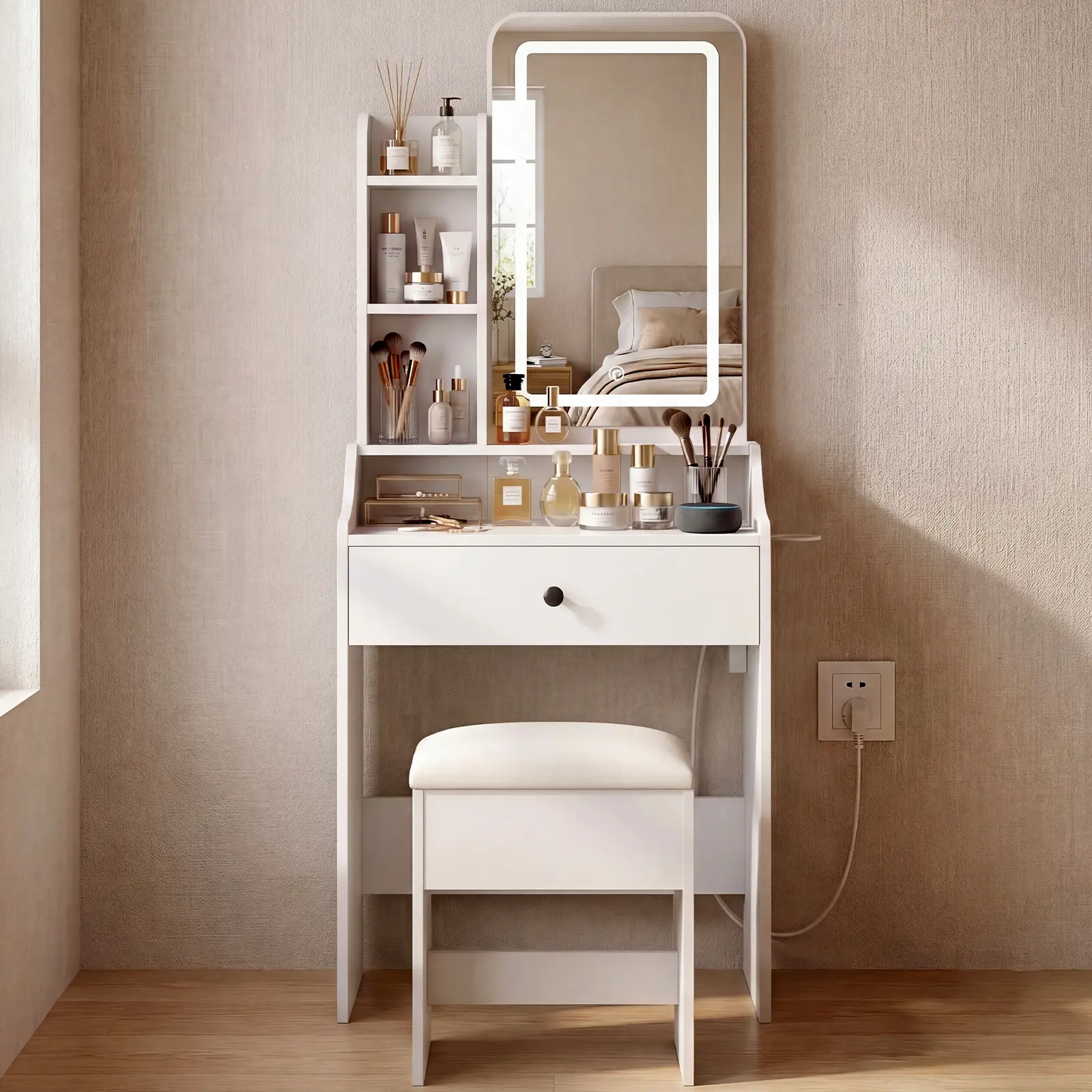 Vanity Desk with Lighted Mirror & Power Outlet, Makeup Vanity with Drawers, Holder for Bedroom Girls
